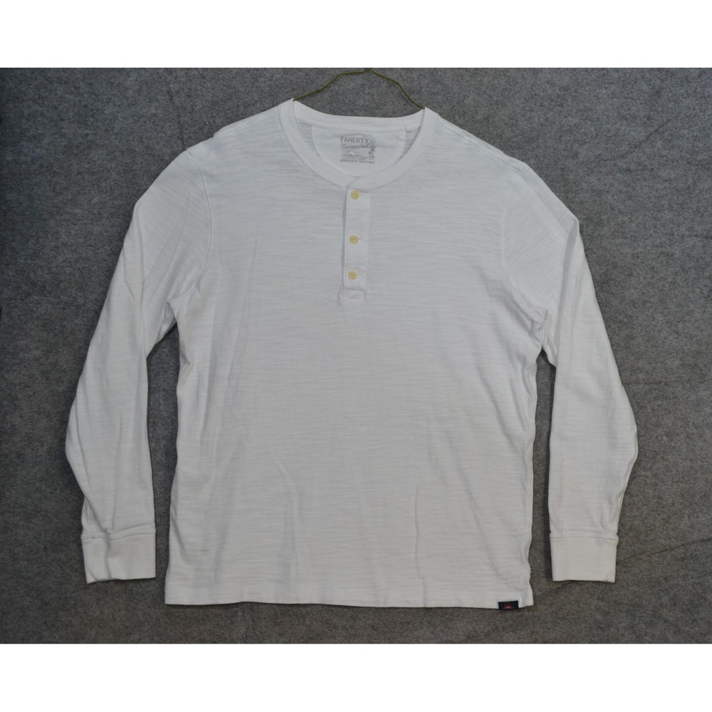 Faherty Henley Shirt Mens XL White Sunwashed Organic Cotton Long Sleeve Casual